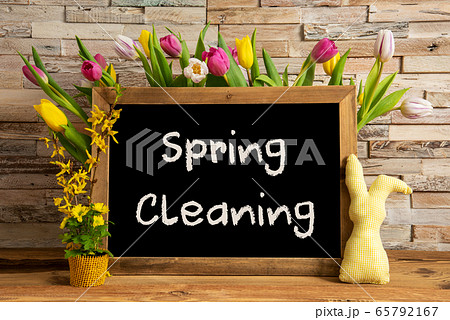 Tulip Flowers, Bunny, Brick Wall, Blackboard, Text 65792167