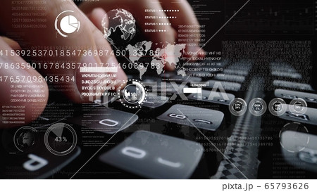 Man working on laptop computer keyboard with graphic user interface GUI hologram Man working on laptop computer keyboard with graphic user interface GUI hologram 65793626