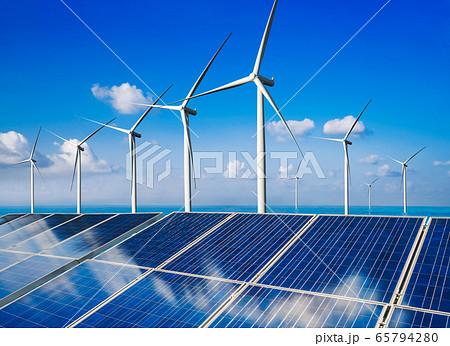 Solar panel and wind turbine farm clean energy. Solar panel and wind turbine farm clean energy. 65794280