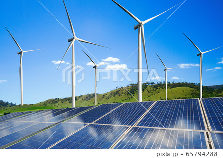 Solar panel and wind turbine farm clean energy. 65794288