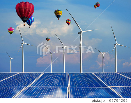 Solar panel and wind turbine farm clean energy. 65794292