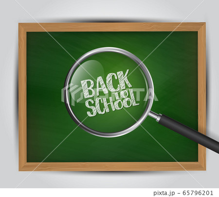 Back to school background. Green chalkboard with a magnifying glass over chalk text. Back to school background. Green chalkboard with a magnifying glass over chalk text. 65796201