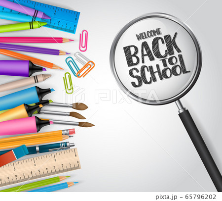 Welcome back to school concept with study supplies - notebook, markers, pencils, ruler, pen, eraser. 65796202