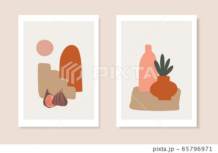 Set of summer artistic, journaling greeting cards, invitations. Cut figs, ceramics, stairs and abstract geometric shapes. Modern minimalist vector drawing. Trendy posters, wall art, brochure covers. 65796971