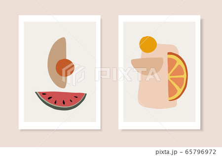 Set of summer artistic greeting cards, invitations. Cut watermelon, orange citrus fruit and abstract geometric shapes. Modern minimalist vector drawing, web banners. Exotic posters, wall art, brochure 65796972