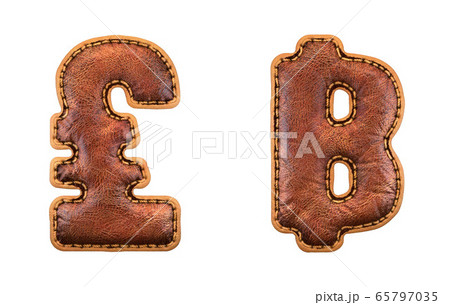 Set of symbols lira and baht made of leather. 3D render font with skin texture isolated on white background. 65797035