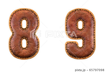 Set of numbers 8, 9 made of leather. 3D render font with skin texture isolated on white background. 65797098