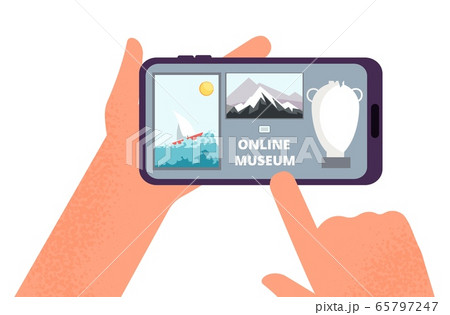 Online museum. Hands holding smartphone with tour of exhibition of paintings on Internet. Free art gallery app or guide vector illustration Online museum. Hands holding smartphone with tour of exhibition of paintings on Internet. Free art gallery app or guide vector illustration 65797247