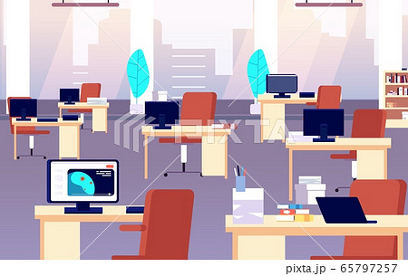 Office interior. Quarantine time, isolation period. Work room or co-working space. Empty business center, open area with desks and computers Office interior. Quarantine time, isolation period. Work room or co-working space. Empty business center, open area with desks and computers 65797257