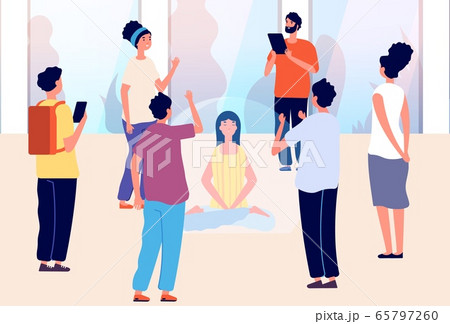 Isolated woman. Introvert vs extravert, mental calm and meditation. Girl in bubble and people around. Separation from social environment vector illustration Isolated woman. Introvert vs extravert, mental calm and meditation. Girl in bubble and people around. Separation from social environment vector illustration 65797260