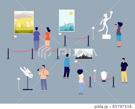 Art gallery visitors. People in museum, exhibition of paintings and antique exhibits. Tour of gallery contemporary artists vector illustration Art gallery visitors. People in museum, exhibition of paintings and antique exhibits. Tour of gallery contemporary artists vector illustration 65797318