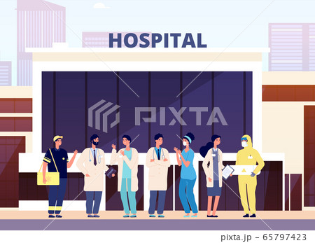 Medical team. Hospital building, professional nurse and doctors. Health specialist staff in uniform. Cartoon physicians vector illustration 65797423