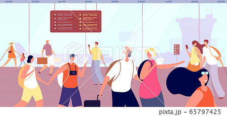 People in airport terminal. Man woman and suitcase. Female in waiting lounge, flat traveller and tourist group passenger vector illustration 65797425