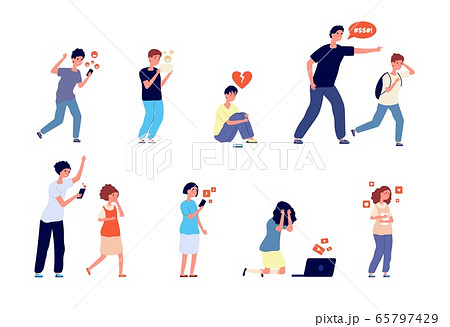 Teenage problems. Teens trouble, unhappy kids. Parents control and emotional anxiety situation. Social network bullying vector illustration 65797429