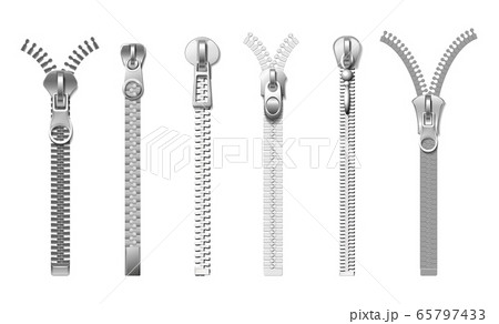 Silver zippers. Isolated realistic metal pull. Cloth fasteners, accessories for jeans, bags, coats and boots. Garments elements vector set Silver zippers. Isolated realistic metal pull. Cloth fasteners, accessories for jeans, bags, coats and boots. Garments elements vector set 65797433