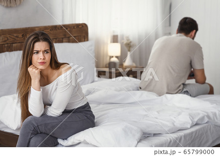 Resentment concept. Girl was offended and turned away from guy 65799000