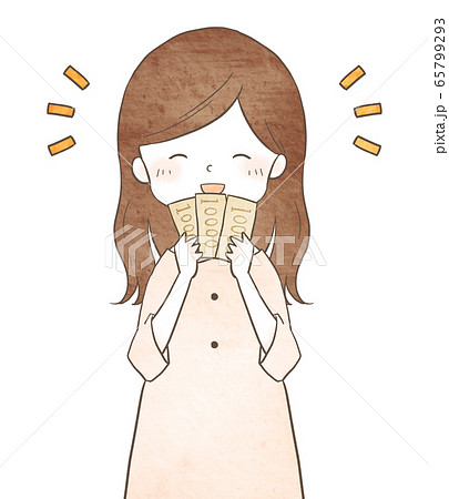 お金を手に持って喜んでいる女性のイラスト素材 お金を手に持って喜んでいる女性のイラスト素材