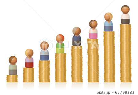 Increasing income, growing success, enhancing business, career and wealth - symbolized with toy figures on rising money towers. Vector on white. 65799333