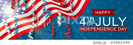 4th of July United States national Independence Day celebration banner with blue, red, and white confetti for a website header or advertisement print. 65802440