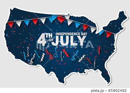 4th of July banner in a shape of the United States map territory. USA Independence day celebration backdrop. 65802492