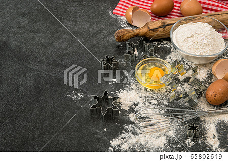 Baking ingredients Flour eggs rolling pin Baking ingredients Flour eggs rolling pin 65802649