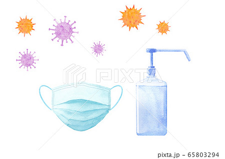 ウイルスとマスクとボトル式手指消毒液・ハンドジェル。水彩イラストのトレースベクター 65803294