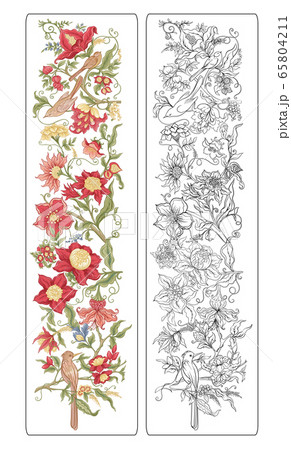 Fantasy flowers in retro, vintage, jacobean embroidery style. 65804211