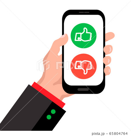 Website rating feedback and review concept. Man hand holding smartphone with vote like and dislike thumbs up and thumbs down. Color flat desig vector eps10 illustration. Website rating feedback and review concept. Man hand holding smartphone with vote like and dislike thumbs up and thumbs down. Color flat desig vector eps10 illustration. 65804764
