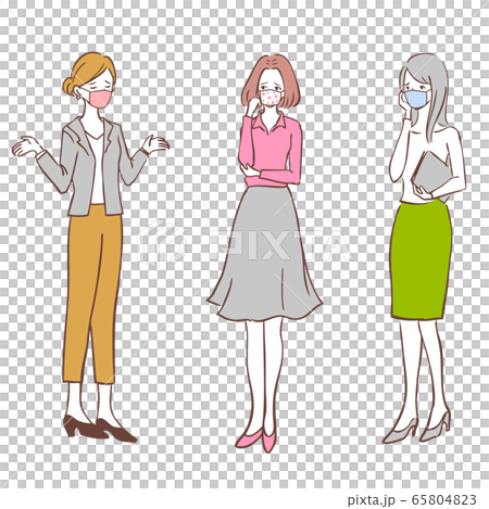 Illustration of a troubled face of a working woman wearing a handmade mask 65804823