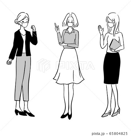 マスクをしている社会人女性 ビジネス モノクロイラストのイラスト素材