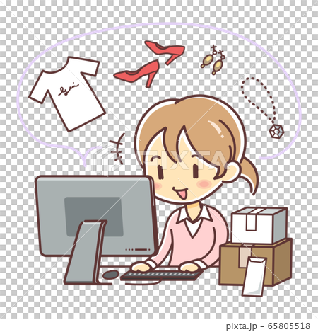 ネットフリマ（ネットオークション）の出品作業をする女性のイラスト（文字なし） 65805518