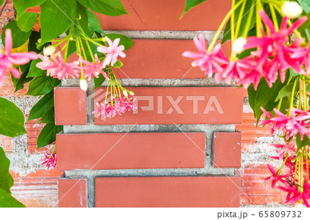 Beautiful background of closeup red brown brick wall with green pink flowers on sides. With copy space ideal for use in the design or wallpaper 65809732