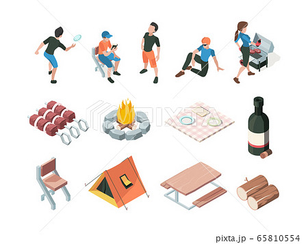 Bbq party. People relax picnic outdoor barbecue fresh products eating persons family playing vector isometric Bbq party. People relax picnic outdoor barbecue fresh products eating persons family playing vector isometric 65810554