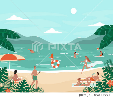 Cartoon Color Characters People Having Fun on The Beach Concept. Vector Cartoon Color Characters People Having Fun on The Beach Concept. Vector 65811551