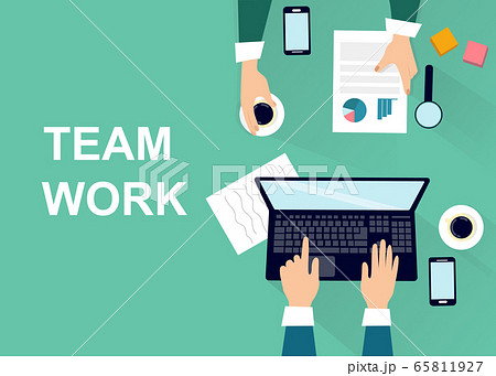 Collaboration concept. Top view of business team working with laptop and documents, vector illustration in flat style 65811927