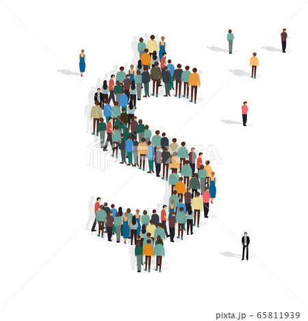 Financial donation. Dollar sign made by people crowd on white background, vector illustration in flat style 65811939