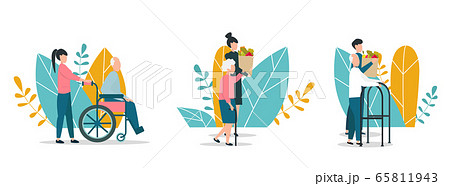 Helping elderly. Volunteers aiding senior people on white background, vector illustration set. Flat style 65811943
