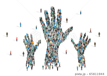 Silhouettes of hands made from people mob on white background, vector illustration in flat style 65811944