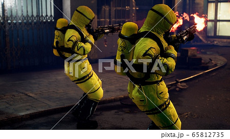 Men in yellow protective suits disinfect the city's infected territory with a flamethrower. People in bacteriological suits and gas masks. 3D Rendering. 65812735