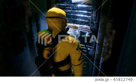 Medics in a suit of bacteriological protection came to the infected patient. Men in yellow protective suits and gas masks. 3D Rendering. Medics in a suit of bacteriological protection came to the infected patient. Men in yellow protective suits and gas masks. 3D Rendering. 65812740