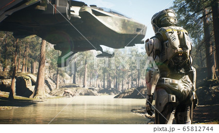A military astronaut is waiting for a rescue spacecraft on a lost planet. Illustration for fantasy, futuristic or space travel backgrounds. 3D Rendering. A military astronaut is waiting for a rescue spacecraft on a lost planet. Illustration for fantasy, futuristic or space travel backgrounds. 3D Rendering. 65812744
