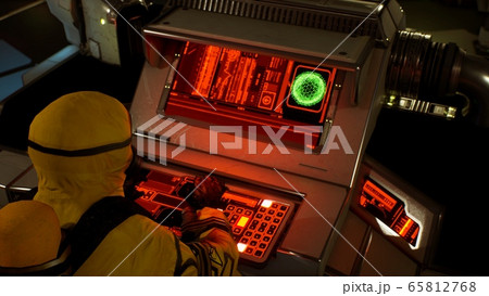 A medic in protective chemical clothing is working at a computer. A man in a yellow bacteriological protective suit and gas mask. 3D Rendering. A medic in protective chemical clothing is working at a computer. A man in a yellow bacteriological protective suit and gas mask. 3D Rendering. 65812768