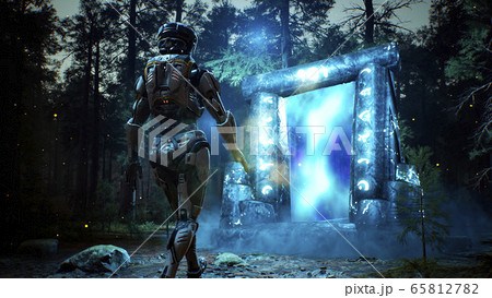 A fantastic luminous ancient portal guarded with in a mystical misty dark forest. 3D Rendering. 65812782