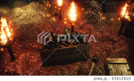 The arsenal of weapons. Bullets, boxes of explosives. Military boxes with weapons and ammunition. The military warehouse is filled with weapons for the upcoming war conflict. 3D Rendering. 65812810