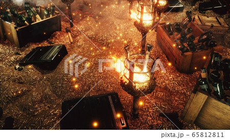 The arsenal of weapons. Bullets, boxes of explosives. Military boxes with weapons and ammunition. The military warehouse is filled with weapons for the upcoming war conflict. 3D Rendering. 65812811