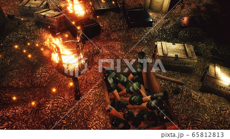 The arsenal of weapons. Bullets, boxes of explosives. Military boxes with weapons and ammunition. The military warehouse is filled with weapons for the upcoming war conflict. 3D Rendering. 65812813