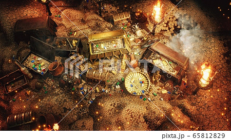Pirate treasures in a dark cave. Old coins, diamonds, and gold treasures. A lot of jewelry made of gold statuettes, precious stones, bracelets and chests. 3D Rendering. 65812829
