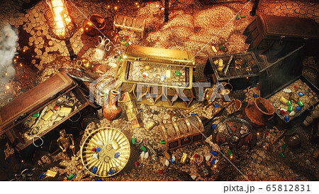 Pirate treasures in a dark cave. Old coins, diamonds, and gold treasures. A lot of jewelry made of gold statuettes, precious stones, bracelets and chests. 3D Rendering. 65812831
