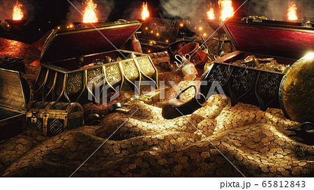 Pirate treasures in a dark cave. Old coins, diamonds, and gold treasures. A lot of jewelry made of gold statuettes, precious stones, bracelets and chests. 3D Rendering. 65812843