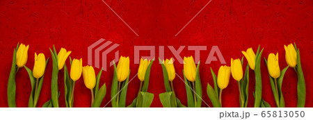 Banner Of Yellow Tulip Spring Flowers, Red Wooden 65813050